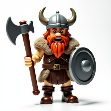 Viking warrior toy soldier with fur cloak, horned helmet, axe, shield, and rugged beard on white background