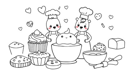 Obraz premium Adorable bakery themed coloring page for kids, cute animal chefs with mixing bowl cupcakes cookies bread and floating hearts vector line art 