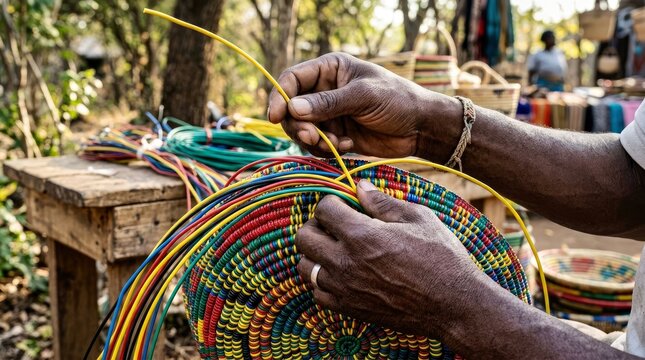 Artisan Weaving Colorful Synthetic Threads Into a Basket in Outdoor Market Setting