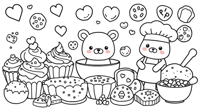Adorable bakery themed coloring page for kids, cute bear chef with cupcakes cookies pies pastry and floating hearts vector line art
