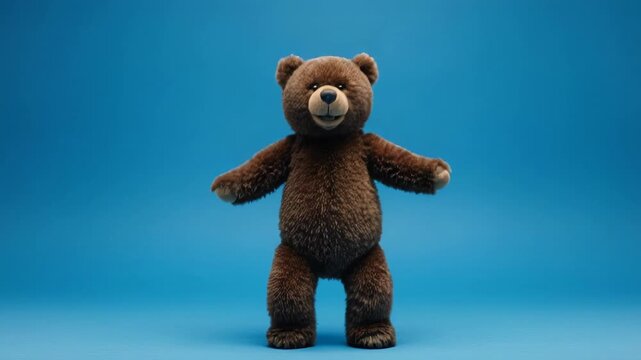 Teddy bear dancing with joy on a vibrant blue studio background in cinematic motion