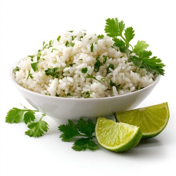 Freshly steamed basmati rice with chopped cilantro and lime zest served in a white ceramic bowl, garnished with green herb sprigs and citrus wedges, bright studio lighting on white background.