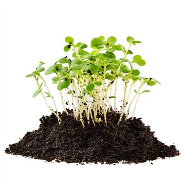 Young green seedlings growing in rich organic soil mound isolated on white background with bright studio lighting symbolizing life, growth, nature, agriculture, and new beginnings concept.