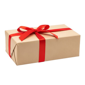 Small rectangular gift box wrapped in brown paper with a bright red ribbon bow isolated on transparent background