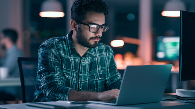 Busy professional business man company employee, young male worker software developer, latin businessman typing on computer technology using laptop searching on web working at office workplace desk. 