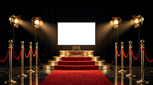 Luxury Golden Red Carpet Event Entrance with Blank Illuminated Display Board for Media Presentations