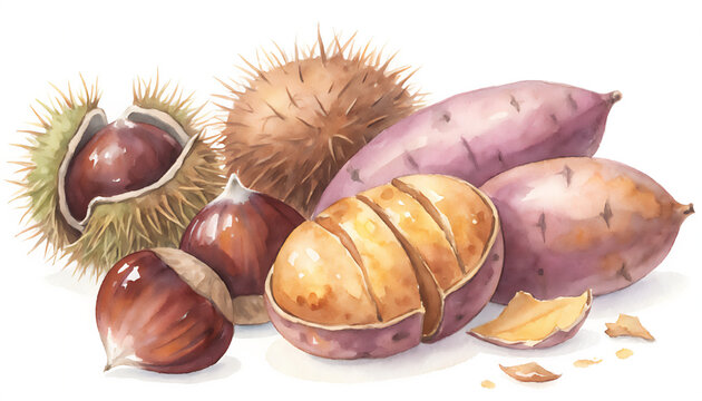 Watercolor illustration of roasted chestnuts and sweet potatoes, autumn food