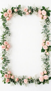 Elegant rectangular frame made of delicate pink roses, baby breath flowers, and eucalyptus leaves on white background