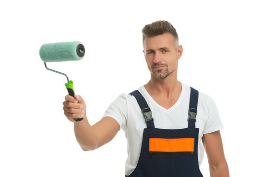 Renovation work. Decorator man renovation painting. Man renovator isolated on white. Renovating painter. Home wall renovator. Man painter hold painting roller. Paint roller for decorator