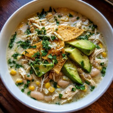 Creamy white chicken chili in a ceramic bowl topped with fresh avocado slices, crispy corn tortilla chips, shredded cheese, and green herbs on a rustic wooden table under natural lighting.