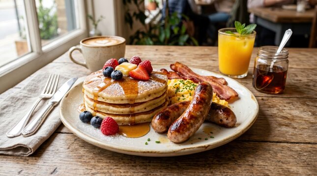 Hearty breakfast platter with fluffy pancakes, fresh berries, maple syrup, grilled sausages, crispy bacon, and eggs served with latte and orange juice on rustic wooden cafe table in morning light.