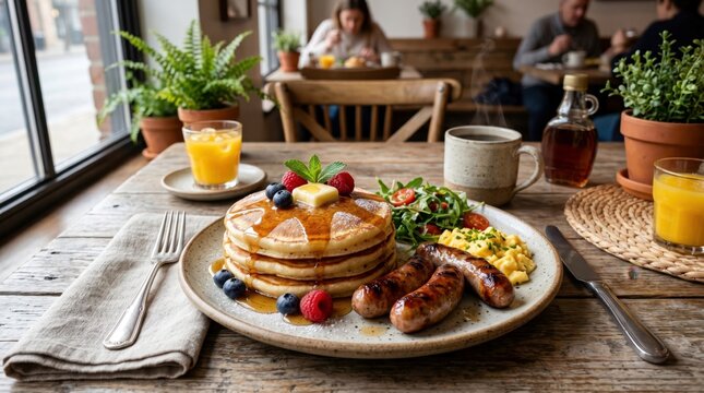 Delicious stack of pancakes with maple syrup, berries, and butter served with grilled sausages, scrambled eggs and salad on a rustic cafe table with orange juice and coffee in soft daylight.