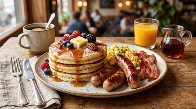 Fluffy stack of pancakes topped with melting butter and maple syrup served alongside grilled sausages, crispy bacon, scrambled eggs, fresh berries and coffee in a sunlit cozy rustic cafe decor.