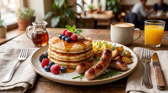 Hearty breakfast plate with a stack of fluffy pancakes topped with fresh berries and maple syrup, served with grilled sausages, scrambled eggs, and potatoes in a warm, sunlit cafe setting.