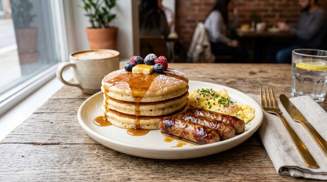 Gourmet breakfast platter featuring fluffy pancakes, maple syrup, fresh berries, grilled sausages, and scrambled eggs on a rustic wooden table in a cozy cafe with morning sunlight and coffee.