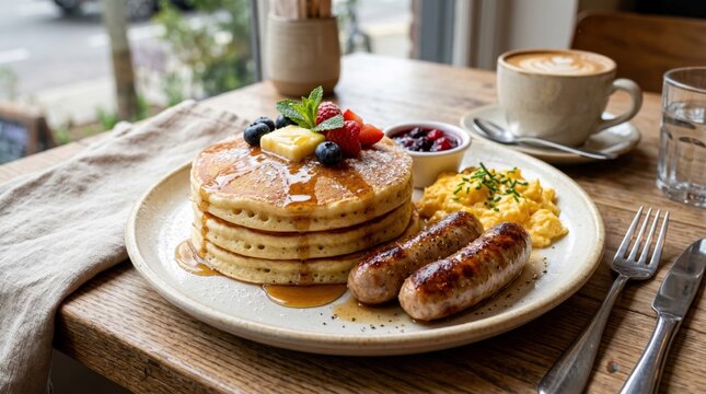Fluffy stack of buttermilk pancakes topped with melting butter, maple syrup, and fresh berries served with grilled sausages and scrambled eggs on a rustic wooden cafe table at sunrise.