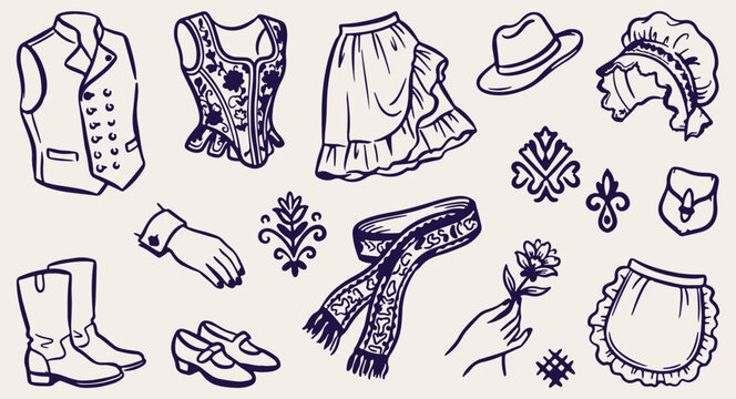 vintage traditional dirndl dress fashion vector, retro Bavarian clothing fashion pattern, folk costume dress hand drawn sketch, traditional Bavarian dress background design, retro folk fashion clothin