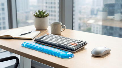 Fototapeta premium Mechanical keyboard with cooling gel wrist pad on wooden desk with mouse, notebook, pen, coffee cup, and plant near window