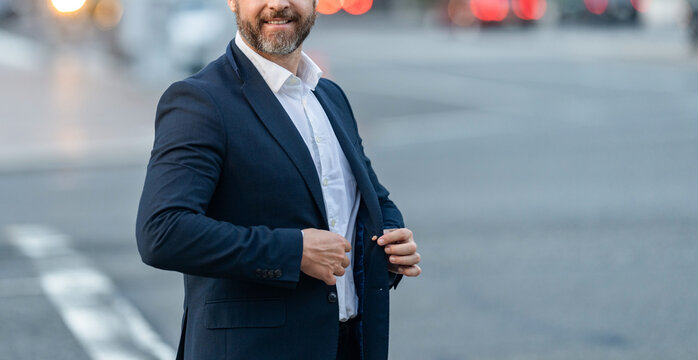Successful businessman leader. Ambitious businessman in suit. Business boss man in city. Successful business and leadership. Business entrepreneur success. Elegant businessman outdoor, cropped view
