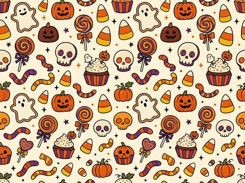 Seamless Halloween pattern with pumpkins ghosts candy and spooky treats vector illustration