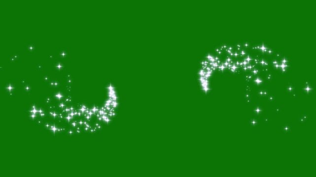 Shiny floating glitter particle stream overlay effect with magical glowing stardust motion graphics loop on green screen 4k stars, cartoon doodle sparkles, fairy dust glitter stars trail transition.