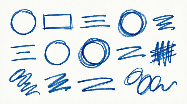 Set of blue hand drawn doodle circles rectangles horizontal lines and abstract scribbles on white textured paper backdrop.