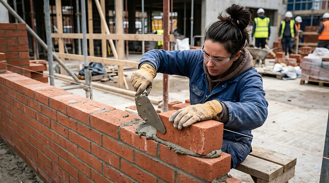 Skilled bricklayer constructing a red brick wall.