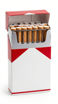 Red cigarette pack designed as a jail cell with metal bars trapping cigarettes, conceptual image representing tobacco addiction, smoking habit, dependency, and health trap.