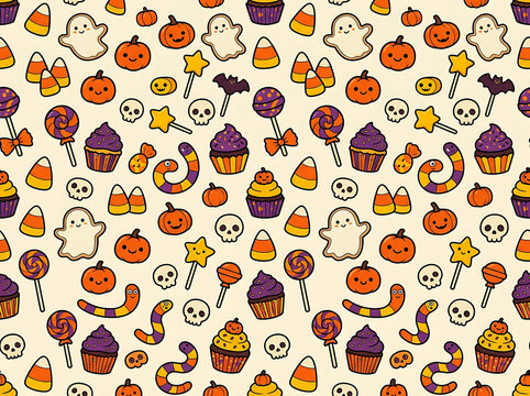 Cute halloween pattern with pumpkins ghosts candy and bats on a cream background