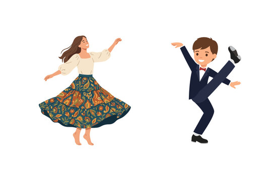 A pair of cartoon characters, a girl in a floral skirt and a boy in a suit, performing a lively dance move