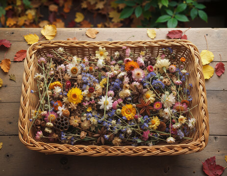 dried wildflowers and seedpods in a wicker basket