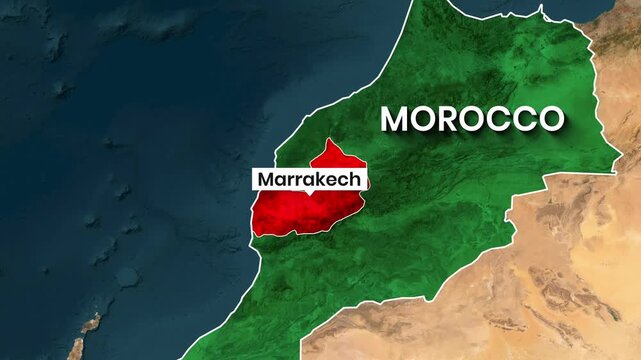 Animated video showing an animated map of Morocco with Marrakech highlighted