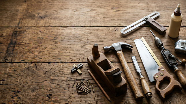 Vintage Woodworking Tools on Rustic Wooden Surface.