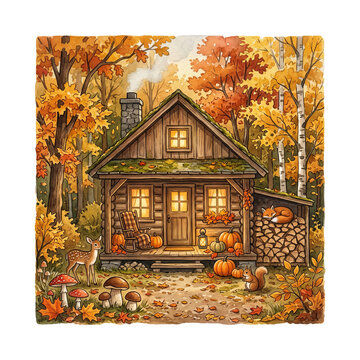 Woodland Autumn Watercolor Cabin House