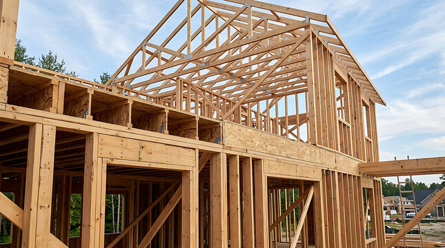 Wooden house frame under construction with beams.