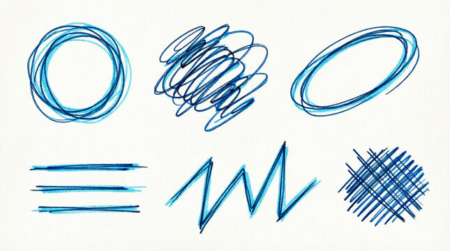 Set of abstract blue pencil drawn loops swirls and scribble shapes on white paper background design.