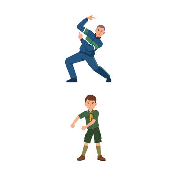 Vector illustration of a sportsman in a tracksuit and a young boy scout dressed in a green uniform