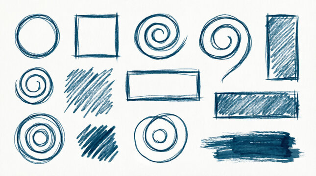 Set of blue hand drawn shapes collection including circles squares and textured rectangles on white.