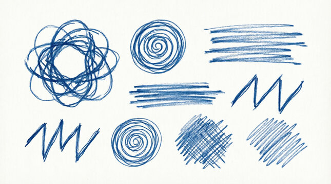 Abstract blue pencil tangle and spiral sketches with crosshatch shading and sharp zigzag lines.