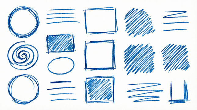 Grid of blue colored pencil doodle elements including circles squares spirals and hatched boxes.
