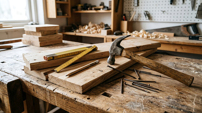 Woodworking workshop with tools and timber on workbench.