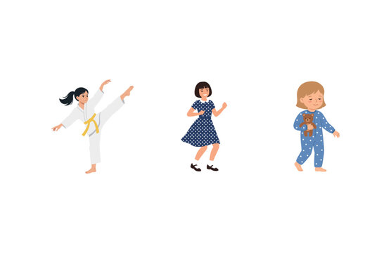 Set of vector illustrations featuring three young girls engaged in various daily activities and hobbies