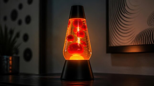 Glowing orange lava lamp with floating red wax blobs on dark surface indoors