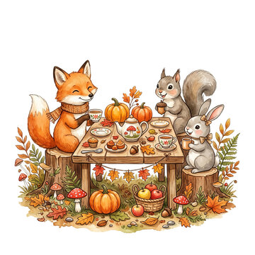 Woodland Autumn Watercolor Red Fox Lunch with Squirrel