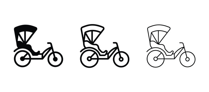 Cycle rickshaw icon set, flat black and outline design transportation vector symbols