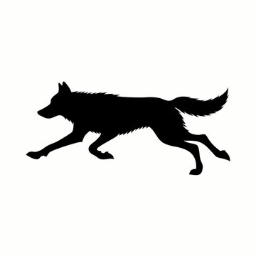 Running wolf silhouette vector, black wild coyote profile, hunting timber wolf animal icon, predatory canine graphic for logos