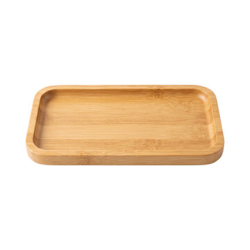 Rectangular wooden serving tray made from organic bamboo featuring smooth rounded edges isolated in high resolution studio lighting on transparent background