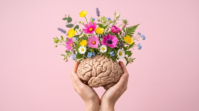 Conceptual image of human hands holding a brain model with a colorful bouquet of fresh spring flowers blooming from the top on pink