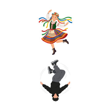A vector illustration featuring a Polish folk dancer in traditional costume and a modern hip hop dancer