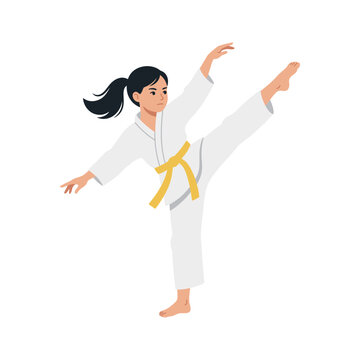 Young girl in white karate gi with yellow belt performing a high kick martial arts pose vector illustration